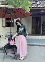 SKY8955 SET ÁO THUN IN BÔNG HOA, CV DÀI HỒNG