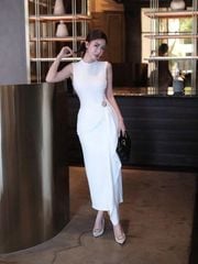 VGU1092 ĐẦM THUN NHẤN EO (TRẮNG)
