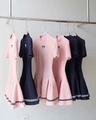 VGU1182 ĐẦM THUN THÊU NƠ EO PHỐI CHOÀNG (HỒNG)