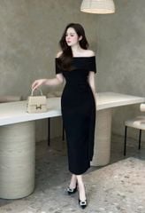 TB8995 ĐẦM BẸT VAI EO PHỐI TAG BƯỚM (ĐEN)