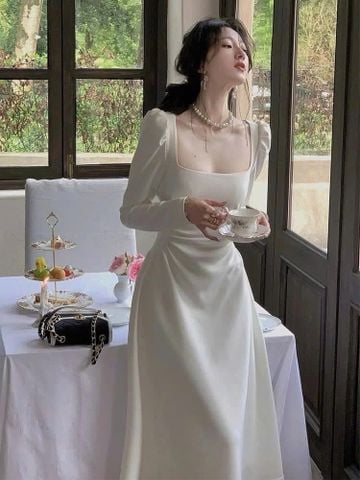 VGU1618 ĐẦM TAY DÀI TK NHÚNG EO (TRẮNG)