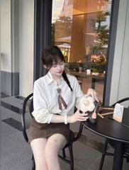 VGU0558 - SET ÁO SƠ MI ĐÍNH NƠ + CHÂN VÁY NGẮN NÂU