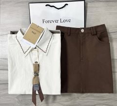 VGU0558 - SET ÁO SƠ MI ĐÍNH NƠ + CHÂN VÁY NGẮN NÂU