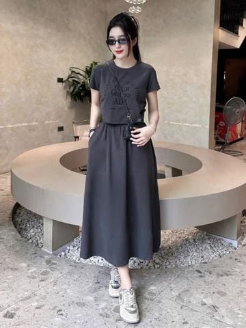 TB8539 - SET ÁO THUN IN HÌNH + CHÂN VÁY XÁM