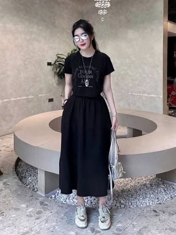 TB8538 - SET ÁO THUN IN HÌNH + CHÂN VÁY ĐEN