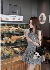 TQ4361 - SET ÁO SÁT NÁCH DÁNG DÀI + QUẦN SỌC CARO ĐEN