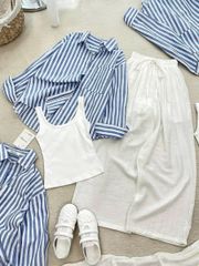 TQ4368 - SET 3 MÓN ÁO SƠ MI SỌC NHỎ XANH + QUẦN DÀI TRẮNG (KÈM ÁO TRONG)