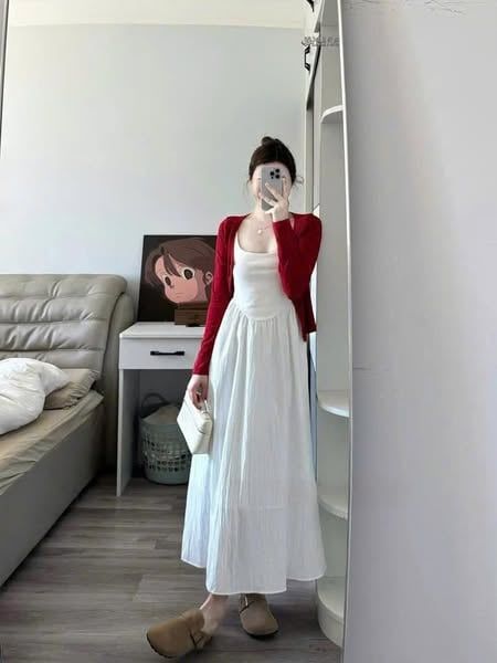 TQ4384 - ĐẦM DÀI TRẮNG - ÁO KHOÁC ĐỎ ( SET 2 MÓN)