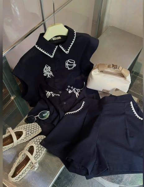 VGU0582 - SET ÁO SƠMI THÊU HÌNH + QUẦN SHORT XANH ĐEN