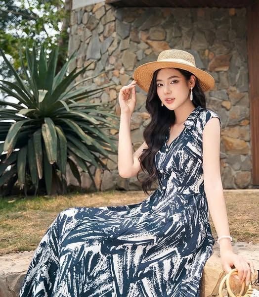 VGU1151 - ĐẦM DÀI CỔ V HOẠ TIẾT XANH ĐEN