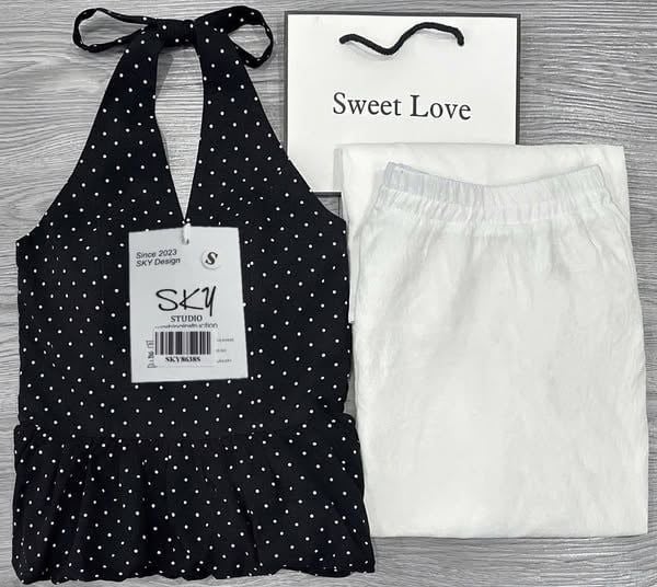 SKY8638 - SET ÁO YẾM CHẤM BI - CHÂN VÁY XÒE TRẮNG
