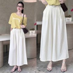 KS0944 - SET ÁO THUN VÀNG PHỐI DÂY VAI + QUẦN DÀI TRẮNG (KÈM NỊT)