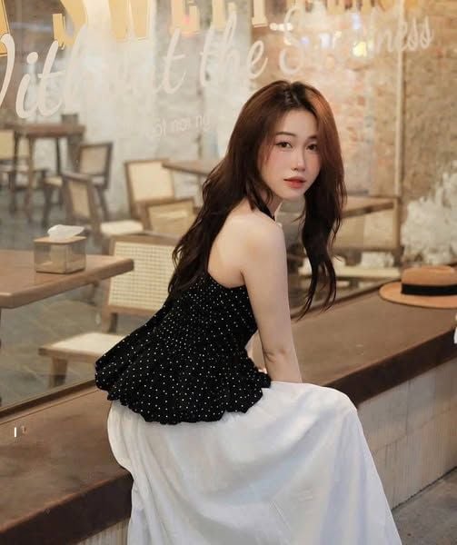 SKY8638 - SET ÁO YẾM CHẤM BI - CHÂN VÁY XÒE TRẮNG