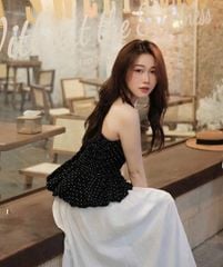 SKY8638 - SET ÁO YẾM CHẤM BI - CHÂN VÁY XÒE TRẮNG
