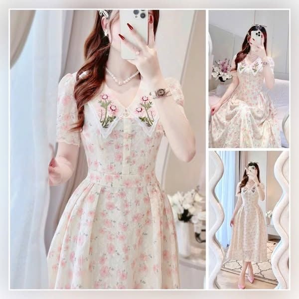 VGU0888 - ĐẦM DÀI HOA NHÍ PHỐI CỔ THÊU