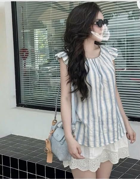 KS0957 - SET ÁO SỌC TAY HẾN + CHÂN VÁY NGẮN