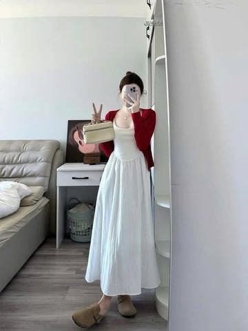 TQ4384 - ĐẦM DÀI TRẮNG - ÁO KHOÁC ĐỎ ( SET 2 MÓN)
