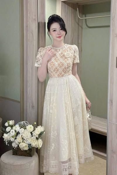 TQ1819 - ĐẦM XÒE REN KEM + TAG HOA