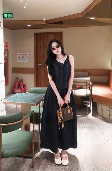 VGU0601 - SET GILE JEAN DENIM PHỐI CỔ