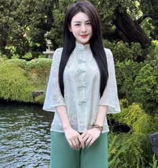 VGU0726 - SET ĐỒ LAM THÊU HOA (XANH)