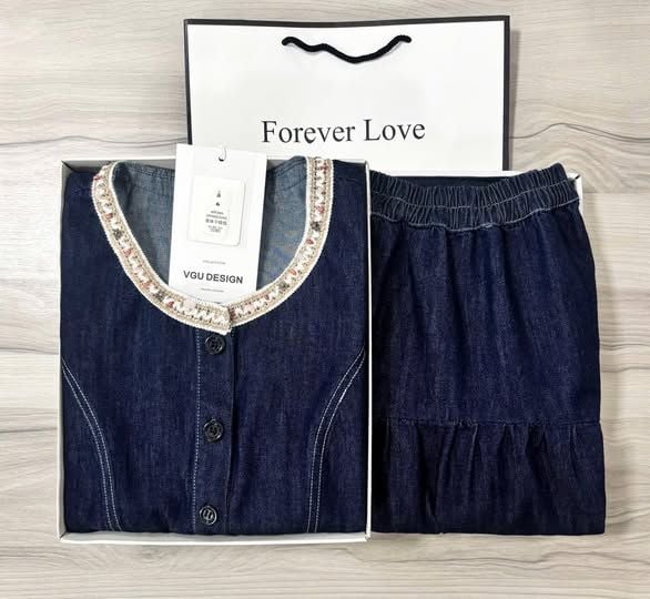 VGU0601 - SET GILE JEAN DENIM PHỐI CỔ