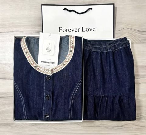 VGU0601 - SET GILE JEAN DENIM PHỐI CỔ