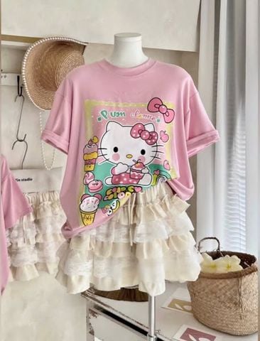 VGU0676 - SET ÁO KITTY HỒNG + C.VÁY TẦNG KEM