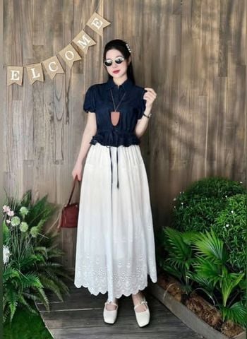 VGU0651 - SET ÁO KIỂU JEAN + CVAY DÀI TRẮNG (KÈM DÂY CỘT)