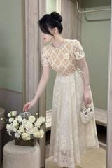 TQ1819 - ĐẦM XÒE REN KEM + TAG HOA