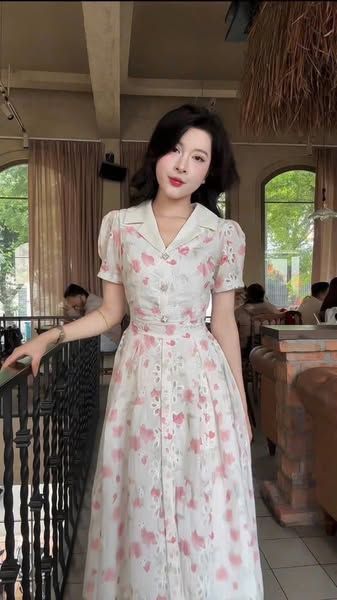 KS5141 - ĐẦM TRẮNG HOA HỒNG PHỐI CỔ KEM