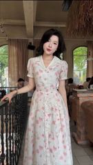 KS5141 - ĐẦM TRẮNG HOA HỒNG PHỐI CỔ KEM