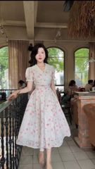 KS5141 - ĐẦM TRẮNG HOA HỒNG PHỐI CỔ KEM