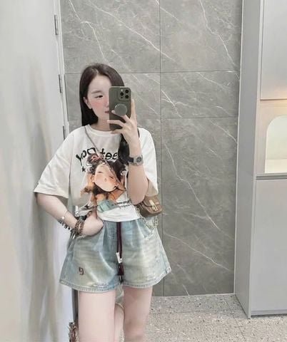 TB8816 - SET ÁO THUN TRẮNG IN BÉ GÁI SWEETDAY + QUẦN SHORT JEAN
