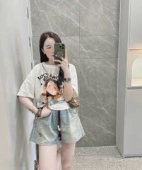 TB8816 - SET ÁO THUN TRẮNG IN BÉ GÁI SWEETDAY + QUẦN SHORT JEAN