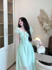VRA0666 - ĐẦM DÀI TAY PHỒNG PHỐI NƠ (XANHLÁ)