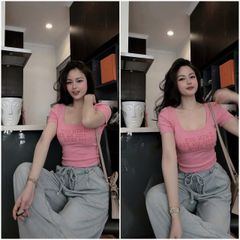 VGU0798 - SET ÁO THUN HỒNG + QUẦN DÀI CỘT EO