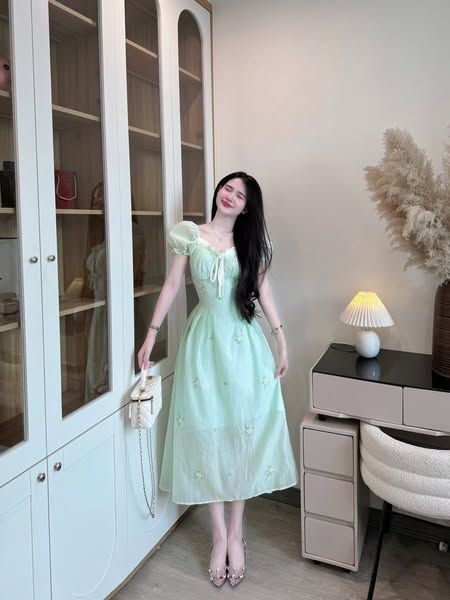 VRA0666 - ĐẦM DÀI TAY PHỒNG PHỐI NƠ (XANHLÁ)