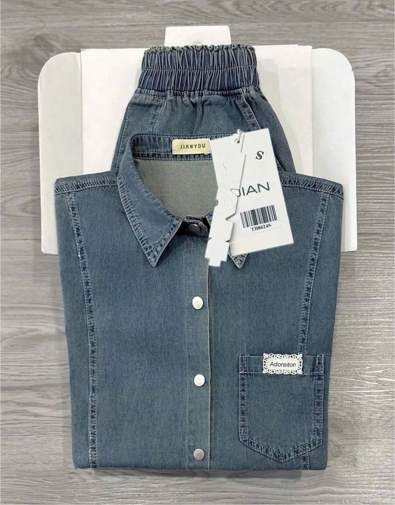 TB8624 - SET JEAN NGẮN PHỐI VẠT XẺ BẦU (XANH NHẠT)