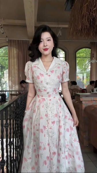 KS5141 - ĐẦM TRẮNG HOA HỒNG PHỐI CỔ KEM