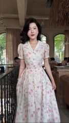 KS5141 - ĐẦM TRẮNG HOA HỒNG PHỐI CỔ KEM