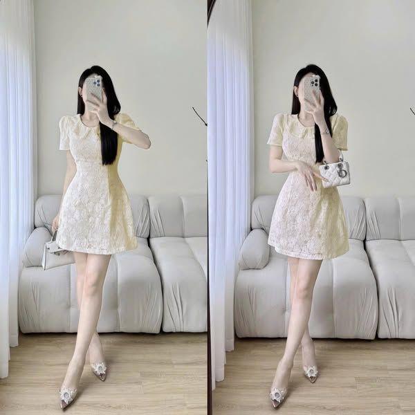 TQ4509 - ĐẦM REN NGẮN CỔ SEN (KEM)
