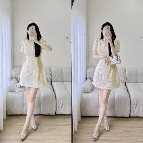 TQ4509 - ĐẦM REN NGẮN CỔ SEN (KEM)