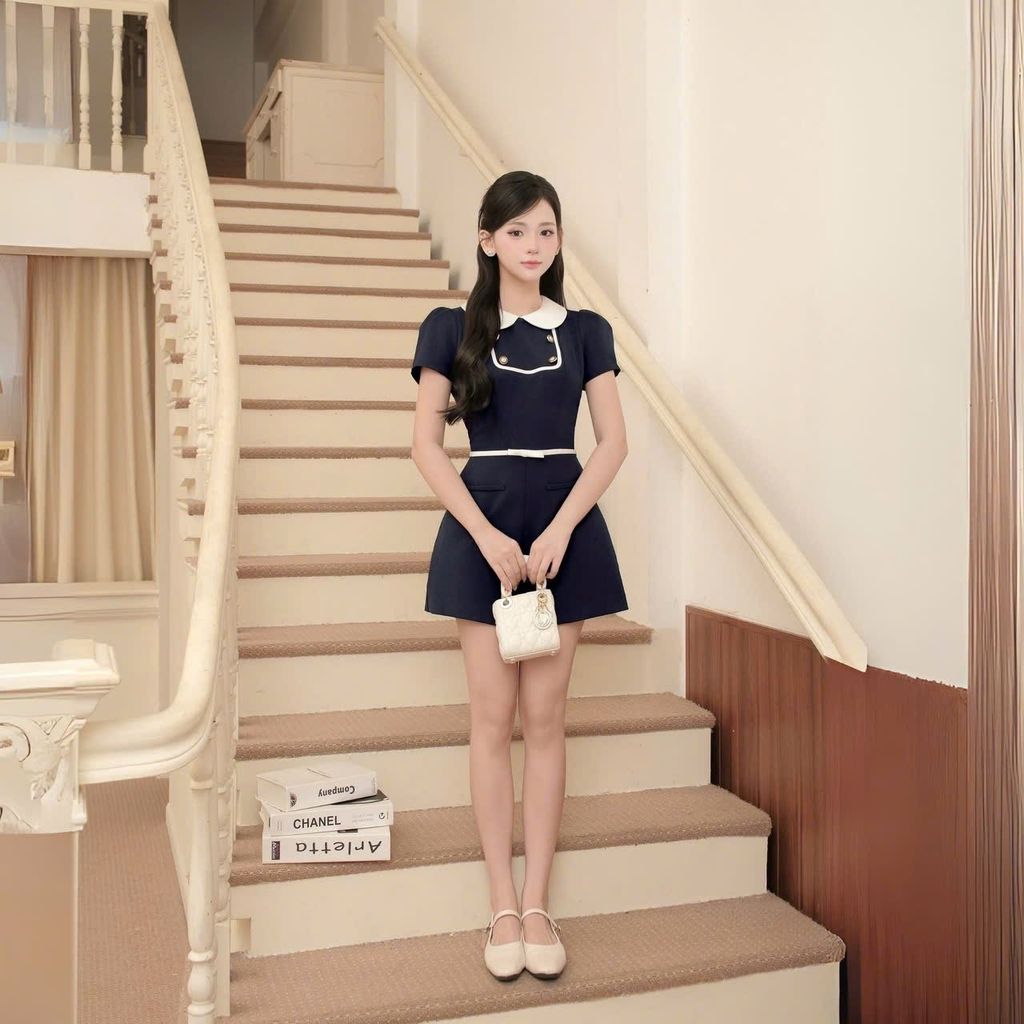 TB8991 JUM NGẮN CỔ SEN PHỐI NƠ EO (X.ĐEN)