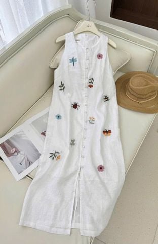 KS1039 - ĐẦM DÀI SÁT NÁCH LINEN THÊU TRẮNG