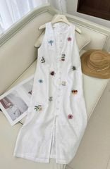KS1039 - ĐẦM DÀI SÁT NÁCH LINEN THÊU TRẮNG