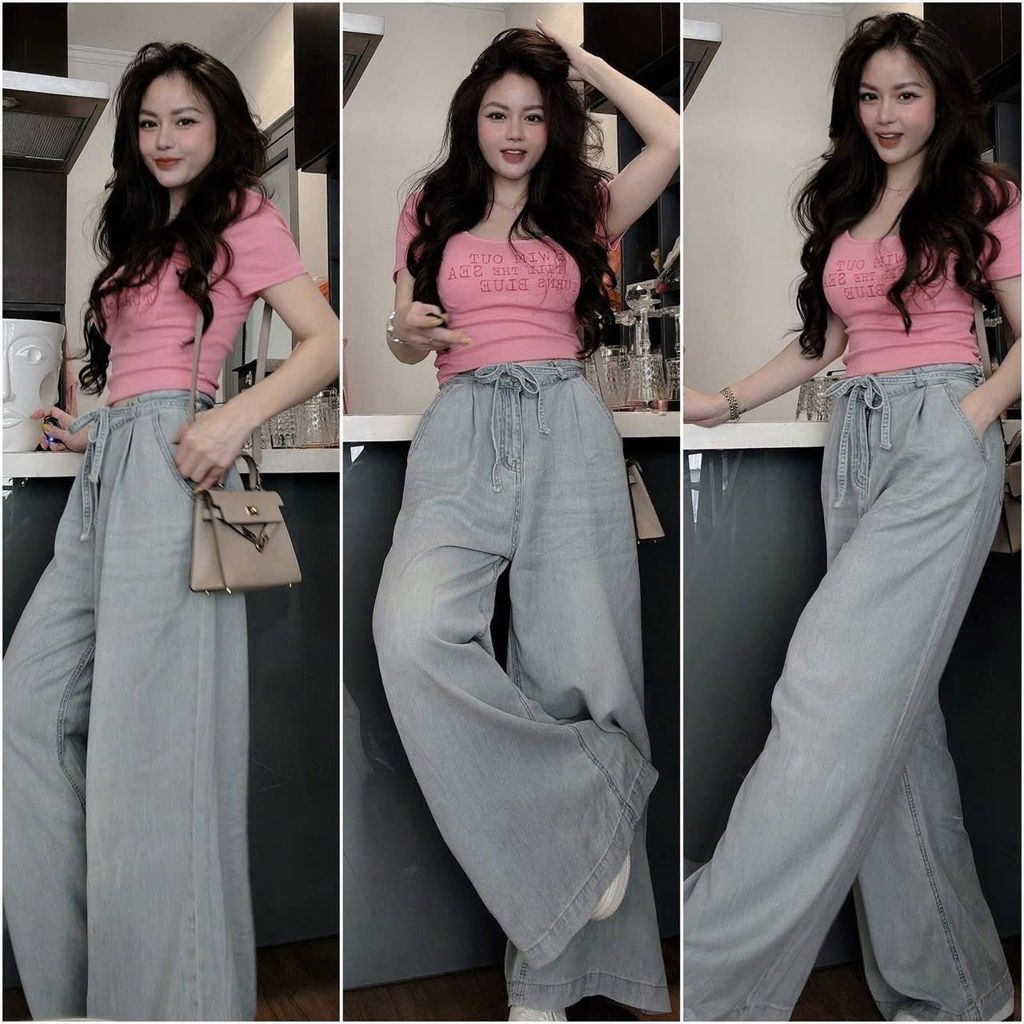 VGU0798 - SET ÁO THUN HỒNG + QUẦN DÀI CỘT EO