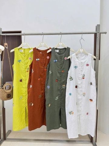 KS1038 - ĐẦM DÀI SÁT NÁCH LINEN THÊU VÀNG