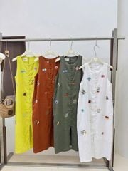 KS1037 - ĐẦM DÀI SÁT NÁCH LINEN THÊU CAM ĐẤT