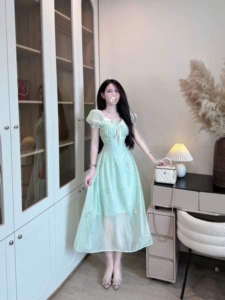 VRA0666 - ĐẦM DÀI TAY PHỒNG PHỐI NƠ (XANHLÁ)