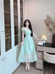 VRA0666 - ĐẦM DÀI TAY PHỒNG PHỐI NƠ (XANHLÁ)